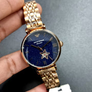 Emporio Armani Meccanico Gianni T Bar Blue Dial Rose Gold Steel Strap Watch For Women - AR60043
