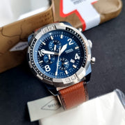 Fossil Bronson Chronograph Luggage Blue Dial Brown Leather Strap Watch for Men - FS5829