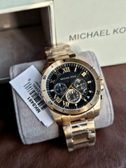 Michael Kors Brecken Chronograph Quartz Black Dial Gold Steel Strap Watch For Men - MK8481