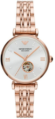 Emporio Armani Meccanico Gianni T-Bar Silver Dial Rose Gold Steel Strap Watch For Women - AR60023