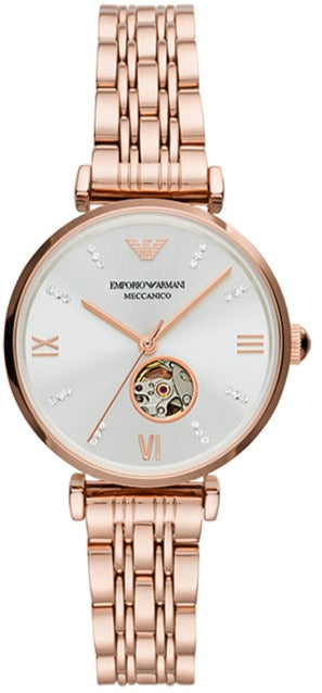 Emporio Armani Meccanico Gianni T-Bar Silver Dial Rose Gold Steel Strap Watch For Women - AR60023