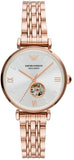 Emporio Armani Meccanico Gianni T-Bar Silver Dial Rose Gold Steel Strap Watch For Women - AR60023