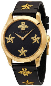 Gucci G Timeless Bee Motif Black Dial Black Leather Strap Watch For Women - YA1264055