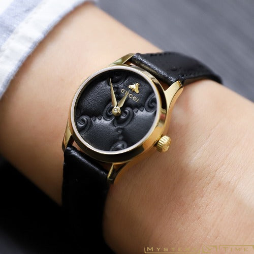 ⭐︎です。GUCCI ブラックレザーウォッチ Gucci G Timeless Quartz Black Dial Black Leather Strap Watch For Women