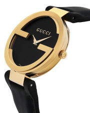 Gucci Interlocking G Gold Black Dial Black Leather Strap Unisex Watch - YA133326
