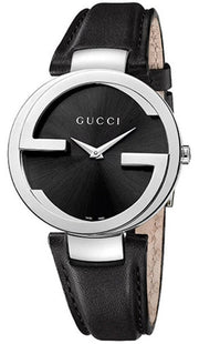 Gucci G Interlocking Black Dial Black Leather Strap Watch For Women - YA133501