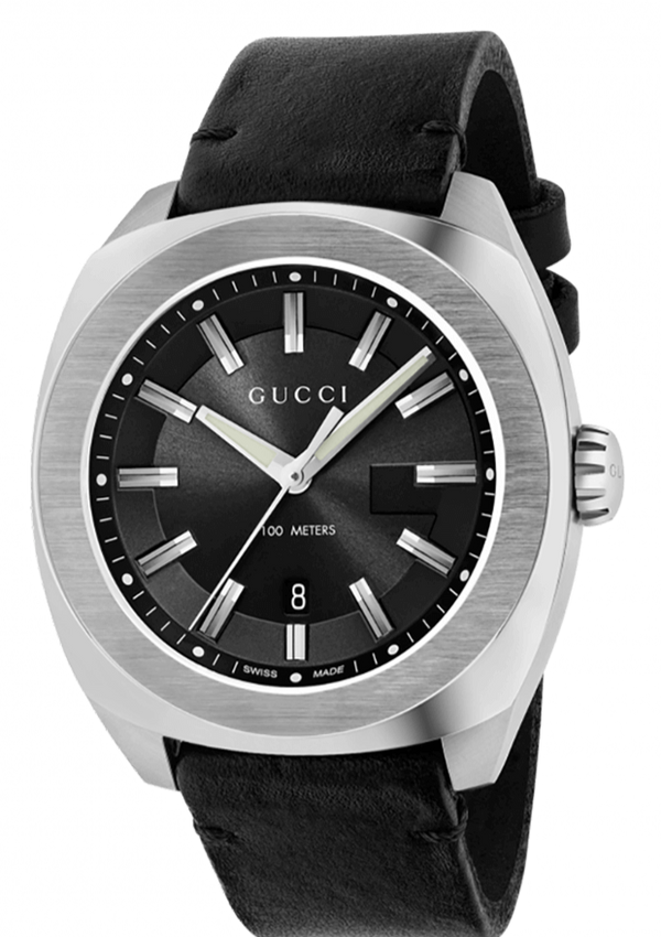 Gucci GG2570 Black Dial Black Leather Strap Watch For Men - YA142206