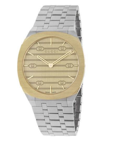 Gucci 25H Quartz Gold Dial Silver Steel Strap Watch for Men Watch