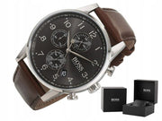 Hugo Boss Navigator Chronograph Grey Dial Brown Leather Strap Watch for Men - 1513494