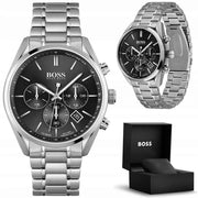 Hugo Boss Champion Chronograph Black Dial Silver Steel Strap Watch for Men - 1513871