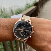 Hugo Boss Associate Chronograph Black Dial Rose Gold Mesh Bracelet Watch for Men - 1513806