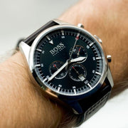 Hugo Boss Pioneer Chronograph Black Dial Black Leather Strap Watch For Men - 1513708