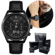 Hugo Boss Champion Chronograph Black Dial Black Leather Strap Watch for Men - 1513880