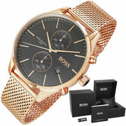 Hugo Boss Associate Chronograph Black Dial Rose Gold Mesh Bracelet Watch for Men - 1513806