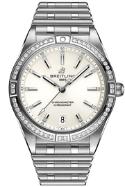 Breitling Chronomat Automatic 36 Diamonds White Dial Silver Steel Strap Watch for Women - A10380591A1A1