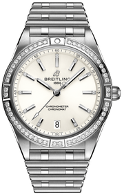 Breitling Chronomat Automatic 36 Diamonds White Dial Silver Steel Strap Watch for Women - A10380591A1A1