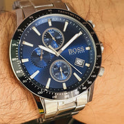 Hugo Boss Rafale Chronograph Blue Dial Silver Steel Strap Watch for Men - 1513510