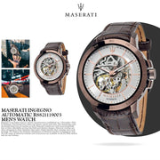 Maserati Ingegno Automatic Skeleton White Dial Brown Leather Strap Watch For Men - R8821119003