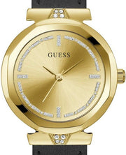 Guess Rumour Quartz Gold Dial Black Leather Strap Watch For Women - GW0689L2