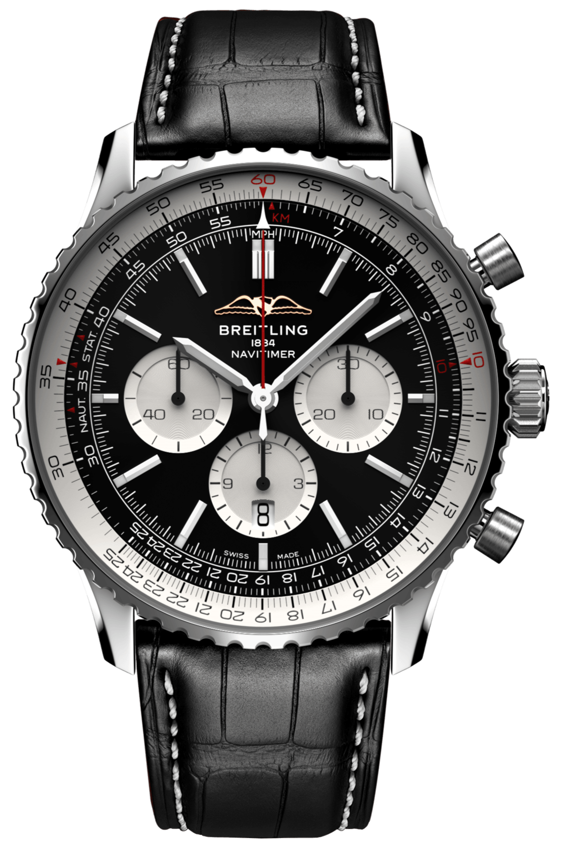 Breitling Navitimer B01 Chronograph 46 Black Dial Black Leather Strap Watch for Men - AB0137211B1P1