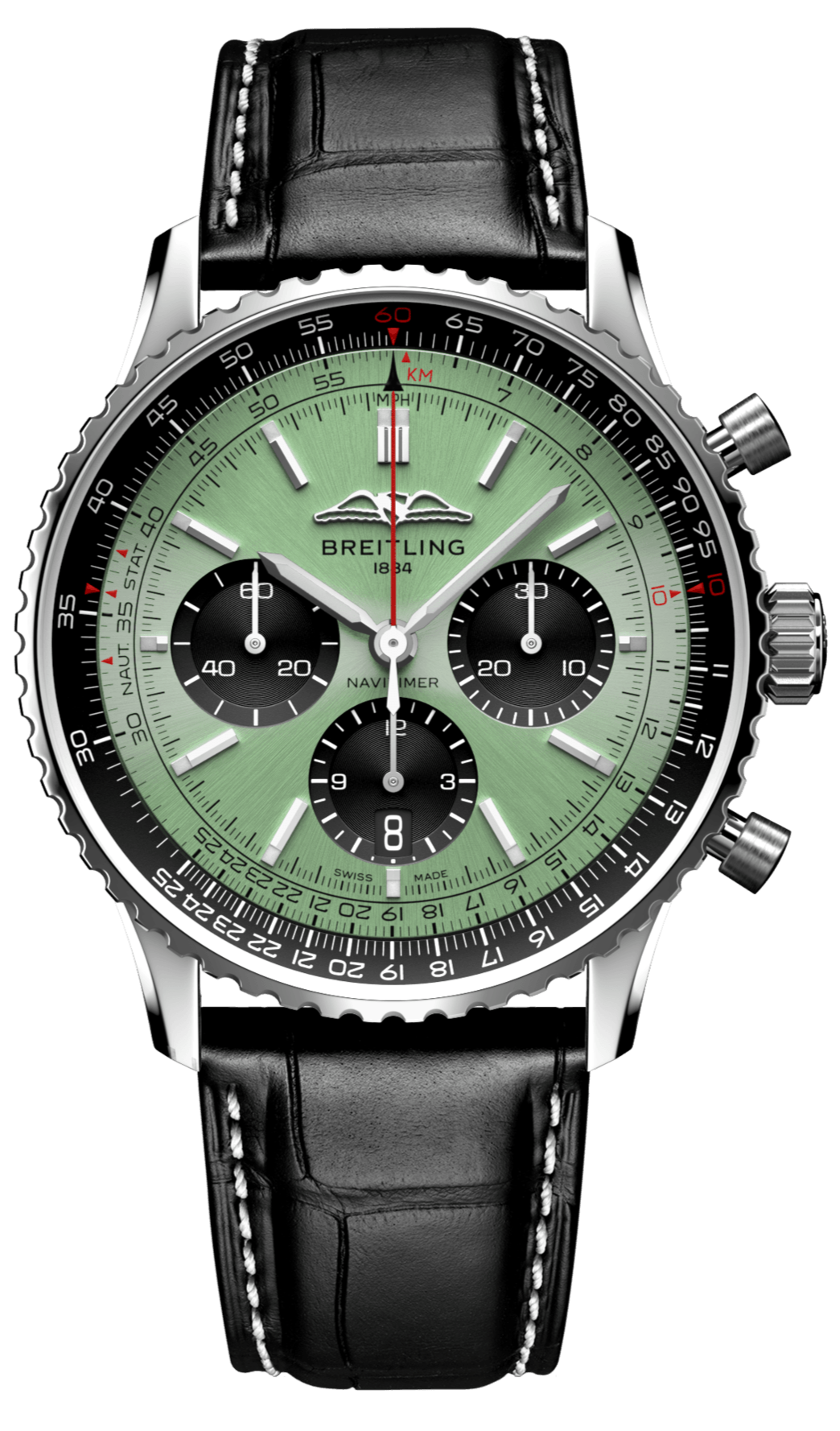 Breitling Navitimer B01 Chronograph 43 Green Dial Black Leather Strap Watch for Men - AB0138241L1P1