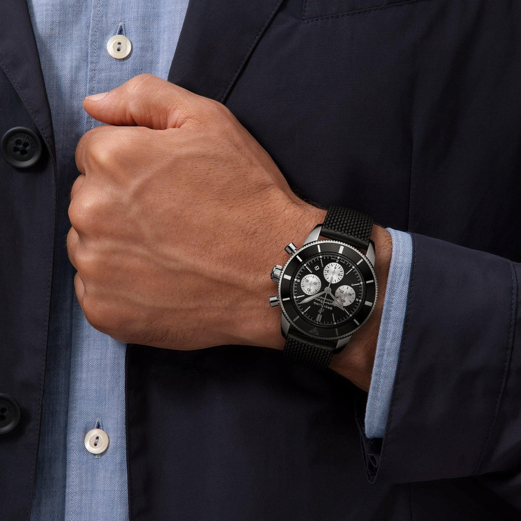 Breitling Superocean Heritage B01 Chronograph 44 Black Dial Black Mesh Bracelet Watch for Men - AB0162121B1S1