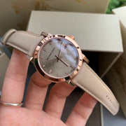 Burberry The City Diamonds Gold Dial Beige Leather Strap Watch for Women - BU9131