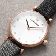 Emporio Armani Gianni T-Bar White Dial Black Leather Strap Watch for Women - AR11270