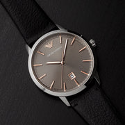 Emporio Armani Ruggero Grey Dial Black Leather Strap Watch for Men  - AR11277