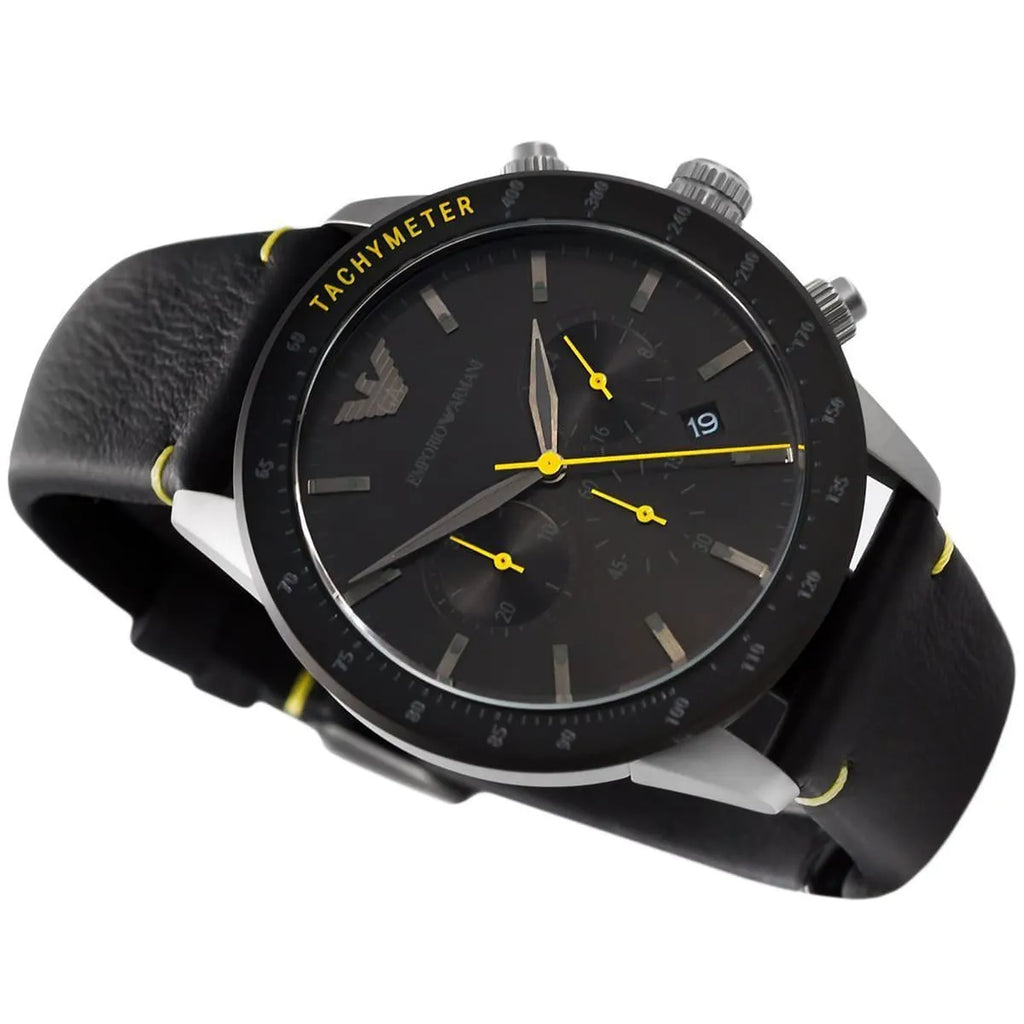 Emporio Armani Mario Chronograph Black Dial Black Leather Strap