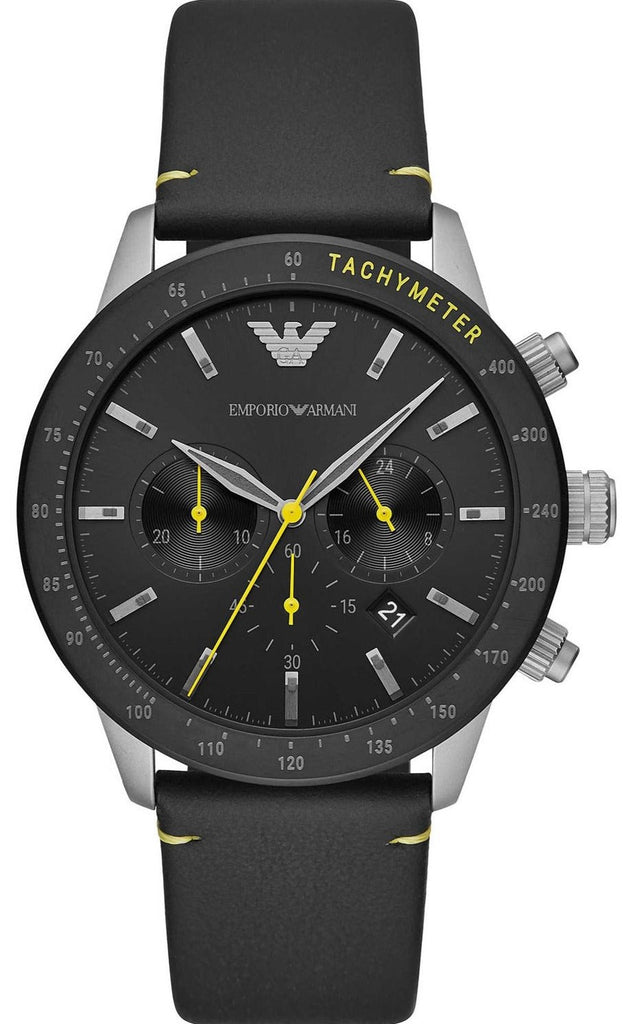 Emporio Armani Mario Chronograph Black Dial Black Leather Strap
