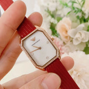 Emporio Armani Gianni T Bar Two-Hand Mother of Pearl Dial Red Leather Strap Watch For Women - AR11467