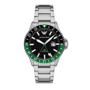 Emporio Armani Sea Explorer GMT Black Dial Silver Steel Strap Watch For Men - AR11589