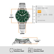 Emporio Armani World Explorer Solar Chronograph Green Dial Silver Steel Strap Watch for Men - AR11741