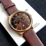 Emporio Armani Alpha Large Chronograph Brown Dial Brown Leather Strap Watch for Men - AR1793