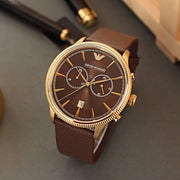 Emporio Armani Alpha Large Chronograph Brown Dial Brown Leather Strap Watch for Men - AR1793