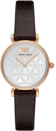 Emporio Armani Gianni T-Bar Silver Dial Brown Leather Strap Watch for Women - AR1990