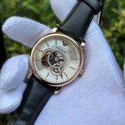 Emporio Armani Luigi Automatic Skeleton Silver Dial Black Leather Strap Watch For Men - AR60013