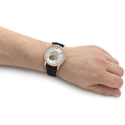 Emporio Armani Luigi Automatic Skeleton Silver Dial Black Leather Strap Watch For Men - AR60013