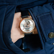 Emporio Armani Luigi Automatic Skeleton Silver Dial Black Leather Strap Watch For Men - AR60013