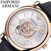 Emporio Armani Luigi Automatic Skeleton Silver Dial Black Leather Strap Watch For Men - AR60013