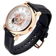 Emporio Armani Luigi Automatic Skeleton Silver Dial Black Leather Strap Watch For Men - AR60013