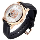 Emporio Armani Luigi Automatic Skeleton Silver Dial Black Leather Strap Watch For Men - AR60013
