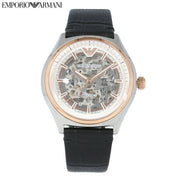 Emporio Armani Zeta Automatic Skeleton Silver Dial Black Leather Strap Watch For Men - AR60018