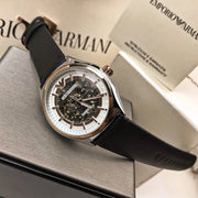 Emporio Armani Zeta Automatic Skeleton Silver Dial Black Leather Strap Watch For Men - AR60018