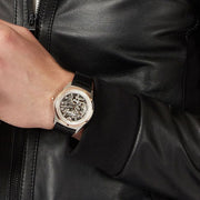 Emporio Armani Zeta Automatic Skeleton Silver Dial Black Leather Strap Watch For Men - AR60018