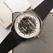 Emporio Armani Zeta Automatic Skeleton Silver Dial Black Leather Strap Watch For Men - AR60018