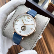Emporio Armani Meccanico Gianni T-Bar Silver Dial Blue Leather Strap Watch For Women - AR60020