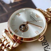 Emporio Armani Meccanico Gianni T-Bar Silver Dial Rose Gold Steel Strap Watch For Women - AR60023