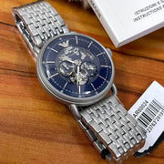 Emporio Armani Aviator Skeleton Blue Dial Silver Mesh Bracelet Watch For Men - AR60024